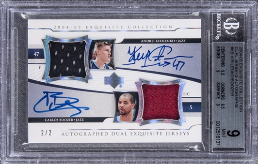 2004-05 UD "Exquisite Collection" Dual Jerseys Autographs #KB Andrei Kirilenko/Carlos Boozer Dual Signed Game Used Patch Card (#2/2) – BGS MINT 9/BGS 10